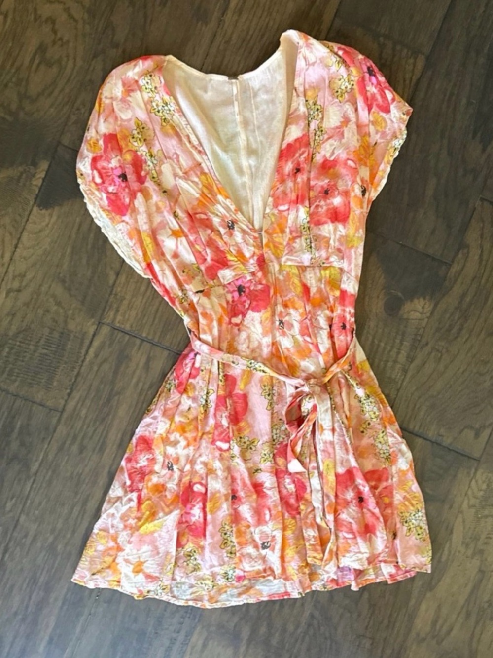 Free people Floral V-Neck Tie-Waist Dress in Pink and Coral
